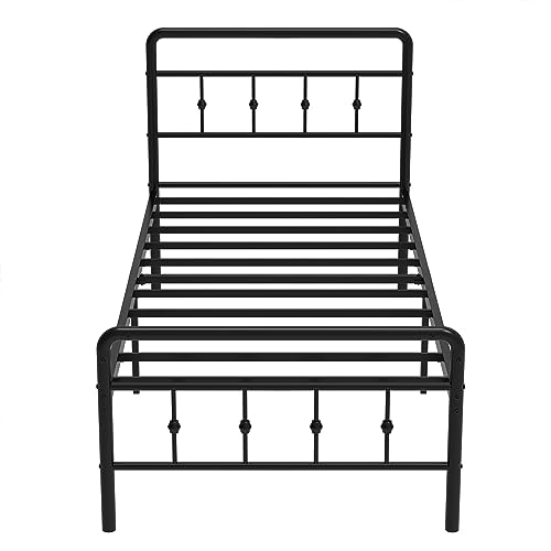 DiaOutro Classic Metal Platform Twin Bed Frames with Headboard and Footboard, 16 Inch No Box Spring Needed Heavy Duty Victorian Style Iron-Art Mattress Foundation/Under Bed Storage