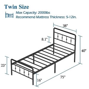 DiaOutro Classic Metal Platform Twin Bed Frames with Headboard and Footboard, 16 Inch No Box Spring Needed Heavy Duty Victorian Style Iron-Art Mattress Foundation/Under Bed Storage