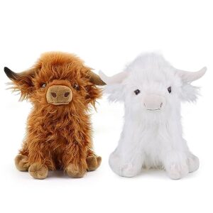 trcock scottish highland cow plush, cute realistic cow stuffed animals soft farm plushie toy, highland cow accompany plush toy birthday gifts for kids adults (brown and white)