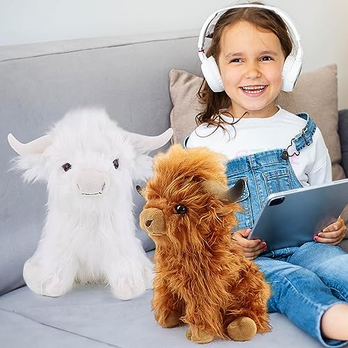 Trcock Scottish Highland Cow Plush, Cute Realistic Cow Stuffed Animals Soft Farm Plushie Toy, Highland Cow Accompany Plush Toy Birthday Gifts for Kids Adults (Brown and White)