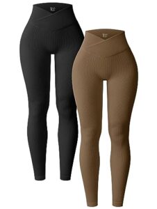 oqq women's 2 piece yoga legging ribbed seamless workout high waist cross over athletic exercise, black,coffee, medium