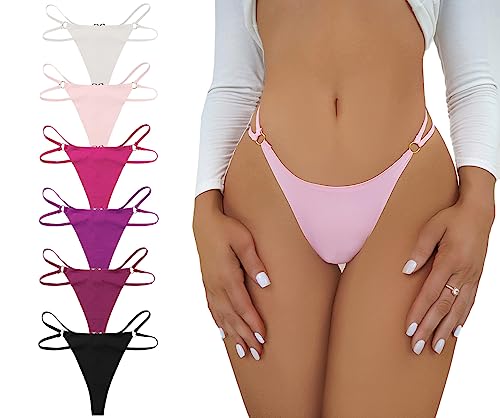 abandi 6 Pack G-String Thongs for Women,T Back Heart Ring Panty Sexy Low Rise Tangas Seamless Underwear Thong Panty, Size S