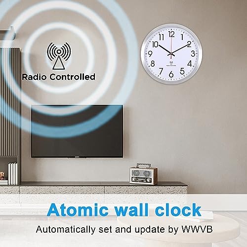 Vigorwise Atomic Analog Wall Clock, 14 Inch Radio Controlled Sets Automatically Wall Clock, Aluminum Frame Wall Clock Decorative for Home Kitchen Living Room Bedroom Office School