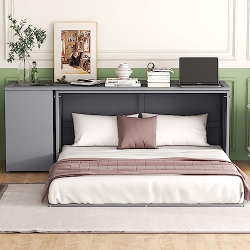 SOFTSEA Queen Size Murphy Bed with Removable Desk Multifunctional Bed Frame and Cabinet, Floor Design