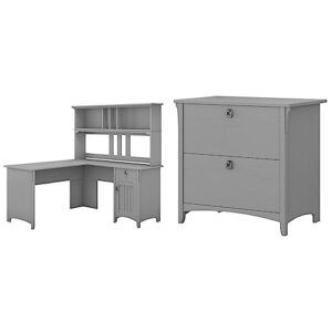 bush furniture salinas l shaped desk and hutch, cape cod gray & salinas lateral file cabinet in cape cod gray