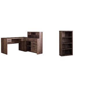 monarch specialties computer desk l-shaped - left or right set- up - corner desk with hutch 60" l (brown reclaimed wood) & bookcase - sturdy etagere with 3 adjustable book shelves - 48”h (brown)