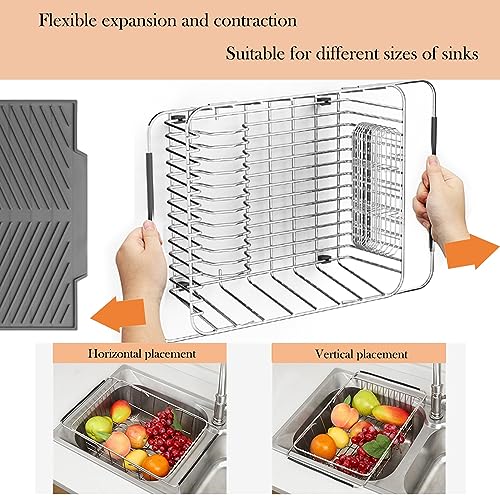 YEECOPON Dish Rack in Sink, Expandable Over The Sink Dish Drying Rack with Utensil Holder and Silicone Drainage pad (Medium + 16" Silicone pad)