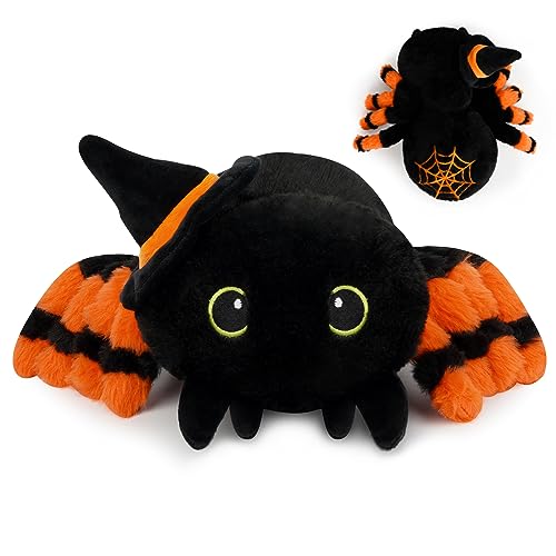 MUFEIRUO Halloween Stuffed Animal Spider Plush Toys, Cute Black Spider Stuffed Animal with Witch Hat, Kawaii Halloween Plush Spider for Halloween Decorations