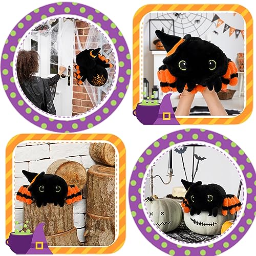 MUFEIRUO Halloween Stuffed Animal Spider Plush Toys, Cute Black Spider Stuffed Animal with Witch Hat, Kawaii Halloween Plush Spider for Halloween Decorations