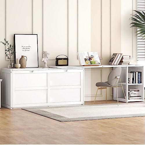 Harper & Bright Designs Queen Murphy Bed with Rotable Desk and Storage Cabinet, Solid Wood Queen Platform Floor Bed Frame for Kids Teens Adults, No Box Spring Needed (Queen Size, White)