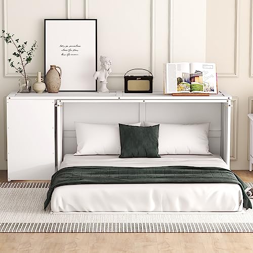 Harper & Bright Designs Queen Murphy Bed with Rotable Desk and Storage Cabinet, Solid Wood Queen Platform Floor Bed Frame for Kids Teens Adults, No Box Spring Needed (Queen Size, White)