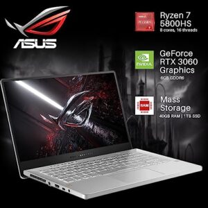 ASUS ROG Zephyrus G14 Gaming Laptop 2023 Newest, 14" FHD 144HZ Display, AMD Ryzen 7 5800HS(Up to 4.4 GHz), NVIDIA GeForce RTX 3060 Graphics, 40GB RAM, 1TB SSD, Bluetooth, Wifi6, Windows 11 Home, White