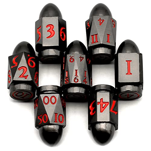 Metal Bullet Dice Set, DND Dice Set Dungeons and Dragons Dice, ZHOORQI D6 Dice Set D&D Dice Gifts for Role Playing Games, Pathfinder, Warhammer 40k or Theme Tabletop Games（7Bullet-Black Red）