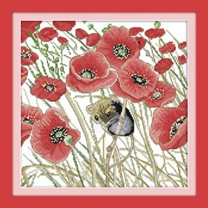 Cross Stitch Kits for Beginners Poppy & Mouse Stamped Cross-Stitch Paint Needlework DIY 14CT 2 Strands Cotton Thread Printed DIY Needlepoint Kits DMC Craft Needlework 33×33cm