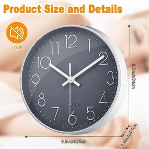 Inbagi 4 Pieces 10 Inch Quartz Silent Wall Clock Non Ticking Wall Clock, Battery Operated, Easy to Read, Round Modern Simple for Office Classroom School Home Living Room Bedroom Kitchen Decor, Gray
