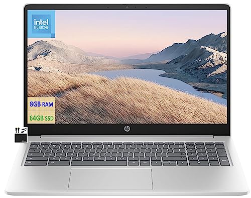 HP 2023 Newest Chromebook Laptop Student Business, 15.6" HD Display, Quad-Core Intel N200 Processor(Upto 3.7GHz), UHD Graphics, 8GB RAM, 64GB eMMC,HD Webcam,WiFi, Long Battery,Chrome OS+MarxsolCables