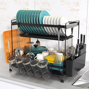 heesky dish drying rack, rustproof 2 tier dish rack, large capacity dish drainer rack with 2 drainboard tray and utensil holder for kitchen countertop (black)