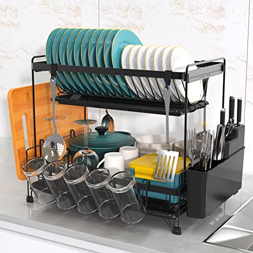 heesky Dish Drying Rack, Rustproof 2 Tier Dish Rack, Large Capacity Dish Drainer Rack with 2 Drainboard Tray and Utensil Holder for Kitchen Countertop (Black)