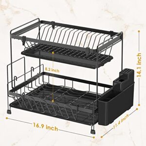 heesky Dish Drying Rack, Rustproof 2 Tier Dish Rack, Large Capacity Dish Drainer Rack with 2 Drainboard Tray and Utensil Holder for Kitchen Countertop (Black)