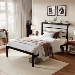 sha cerlin twin size bed frame with headboard shelf, heavy duty platform bed frame with strong metal foundation, no box spring needed, black