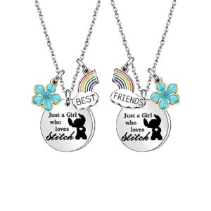 best friends gift for girls,2pcs silver pendant long necklaces "just a girl who love stitch" for girls bff bestie friends classmates roomates birthday christmas graduation
