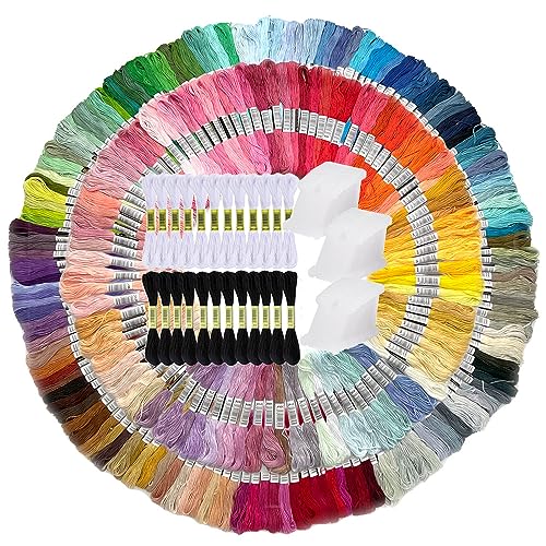 Embroidery Floss Rainbow Color, 250 Skeins Friendship Bracelet String Kit with 12 White & Black Embroidery Thread, 36 Plastic Floss Bobbins for Cross Stitch DIY Bracelet Yarn Art Craft