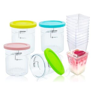 CUTIECLUB 4 Ice Cream Pint Containers 24oz and Lids for Ninja Creami NC500 NC501 Series Deluxe ice Cream Makers, and 12 Pack 5 oz Square Clear Plastic Dessert Cups with Spoons Set