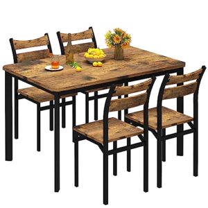 awqm dining table set for 4, modern kitchen table and chairs set for 4, industrial wooden dining table with backrest chairs for dining room kitchen breakfast nook - rustic brown