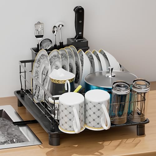 AWLYLNLL Dish Drying Rack, Space-Saving Dish Rack, Multifunctional Dish Racks for Kitchen Counter, Anti-Rust Drying Dish Rack with Cutlery & Cup Holders, Dish Drainer for Dishes & Knives, Black