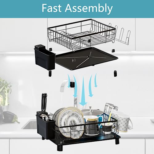 AWLYLNLL Dish Drying Rack, Space-Saving Dish Rack, Multifunctional Dish Racks for Kitchen Counter, Anti-Rust Drying Dish Rack with Cutlery & Cup Holders, Dish Drainer for Dishes & Knives, Black
