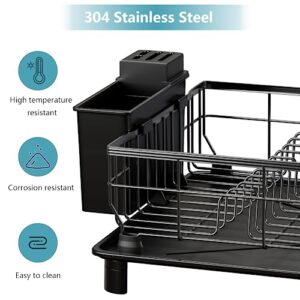 AWLYLNLL Dish Drying Rack, Space-Saving Dish Rack, Multifunctional Dish Racks for Kitchen Counter, Anti-Rust Drying Dish Rack with Cutlery & Cup Holders, Dish Drainer for Dishes & Knives, Black
