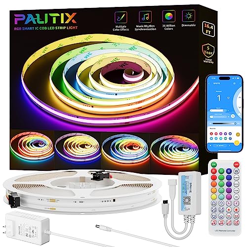 PAUTIX RGBIC COB LED Strip Light Addressable 16.4ft/5m,UL-Listed DC24V Color Chasing Strip Light Multicolor Flexible Tape Light Kit with Remote/APP Control,for TV,Bedroom,Party DIY Decoration