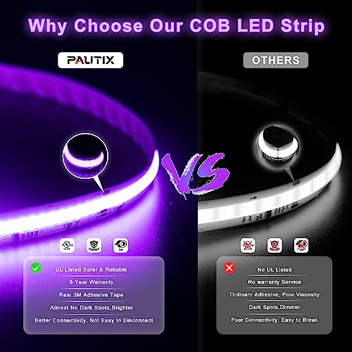 PAUTIX RGBIC COB LED Strip Light Addressable 16.4ft/5m,UL-Listed DC24V Color Chasing Strip Light Multicolor Flexible Tape Light Kit with Remote/APP Control,for TV,Bedroom,Party DIY Decoration