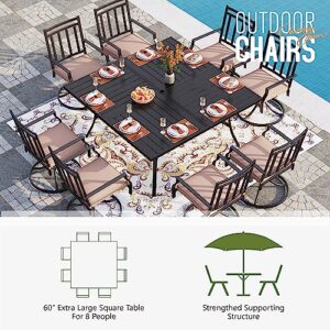 PHI VILLA 9 Pieces Patio Dining Set, 8 Patio Cushioned Swivel Rocker Chairs and Metal Outdoor 60” Large Square Table with 1.57” Umbrella Hole for Deck,Lawn, Garden