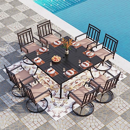 PHI VILLA 9 Pieces Patio Dining Set, 8 Patio Cushioned Swivel Rocker Chairs and Metal Outdoor 60” Large Square Table with 1.57” Umbrella Hole for Deck,Lawn, Garden