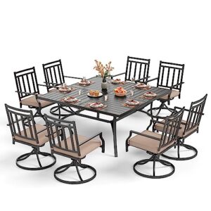 PHI VILLA 9 Pieces Patio Dining Set, 8 Patio Cushioned Swivel Rocker Chairs and Metal Outdoor 60” Large Square Table with 1.57” Umbrella Hole for Deck,Lawn, Garden