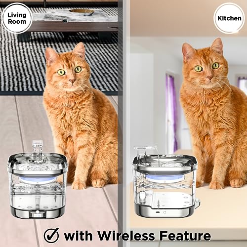 Wireless Rechargeable Cat Water Fountain Cat Drinking Fountain, Super Longer Battery Life, 304 Stainless Steel Basin, Automatic Infrared Sensing, Low Noise, 3 Way Filter System for Pets Indoors