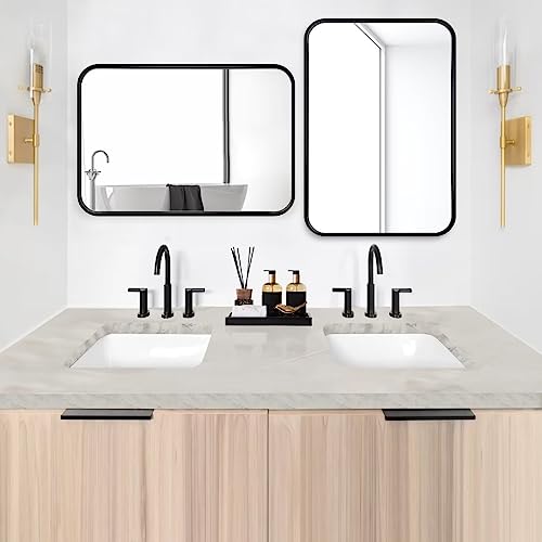 Wall-Mounted Bathroom-Mirror,Black Framed Aluminum Alloy Vanity-Mirrors,Round Horn Rectangle Makeup Seamless Mirror,Large Mirrors for Entryway,No Punching,Anti Rust 12"*16"