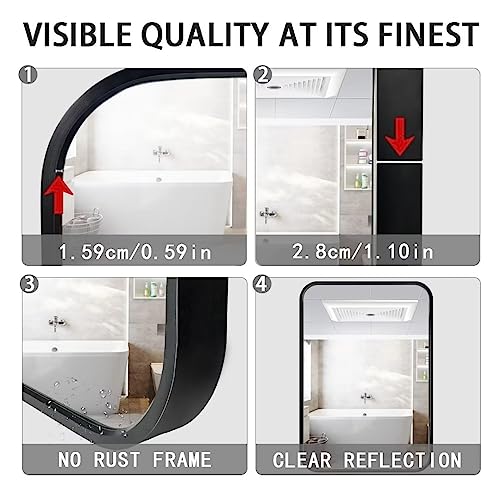 Wall-Mounted Bathroom-Mirror,Black Framed Aluminum Alloy Vanity-Mirrors,Round Horn Rectangle Makeup Seamless Mirror,Large Mirrors for Entryway,No Punching,Anti Rust 12"*16"