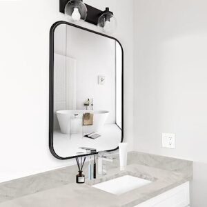 Wall-Mounted Bathroom-Mirror,Black Framed Aluminum Alloy Vanity-Mirrors,Round Horn Rectangle Makeup Seamless Mirror,Large Mirrors for Entryway,No Punching,Anti Rust 12"*16"