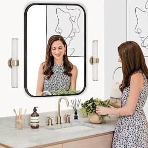 Wall-Mounted Bathroom-Mirror,Black Framed Aluminum Alloy Vanity-Mirrors,Round Horn Rectangle Makeup Seamless Mirror,Large Mirrors for Entryway,No Punching,Anti Rust 12"*16"