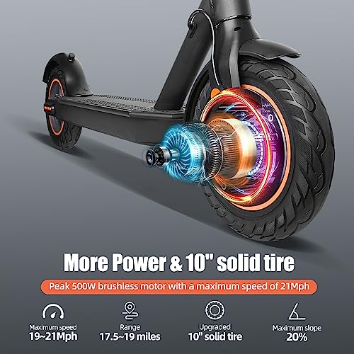 Greevego Electric Scooter, 10" Solid Tires, 500W Motor, Max Speed 20Mph, 17.5~19 Miles Long-Distance Battery Life, Adult Folding Commuting E Scooter, Dual Braking System & Smart APP