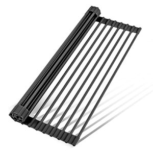 lemikkle roll up dish drying rack 17" x 13", over the sink dish drainer rack, foldable sink drying rack, anti-slip silicone wrapped dish drainer for kitchen counter (black 17" x 13")