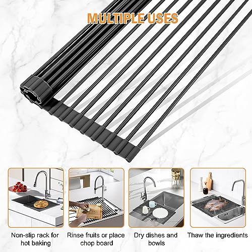 LEMIKKLE Roll Up Dish Drying Rack 17" x 13", Over The Sink Dish Drainer Rack, Foldable Sink Drying Rack, Anti-Slip Silicone Wrapped Dish Drainer for Kitchen Counter (Black 17" x 13")