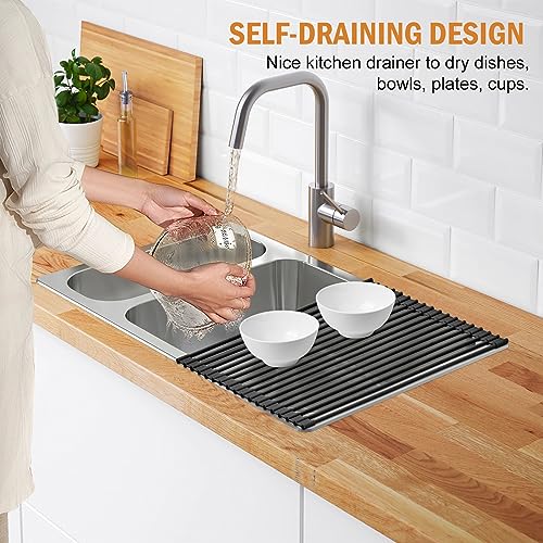LEMIKKLE Roll Up Dish Drying Rack 17" x 13", Over The Sink Dish Drainer Rack, Foldable Sink Drying Rack, Anti-Slip Silicone Wrapped Dish Drainer for Kitchen Counter (Black 17" x 13")