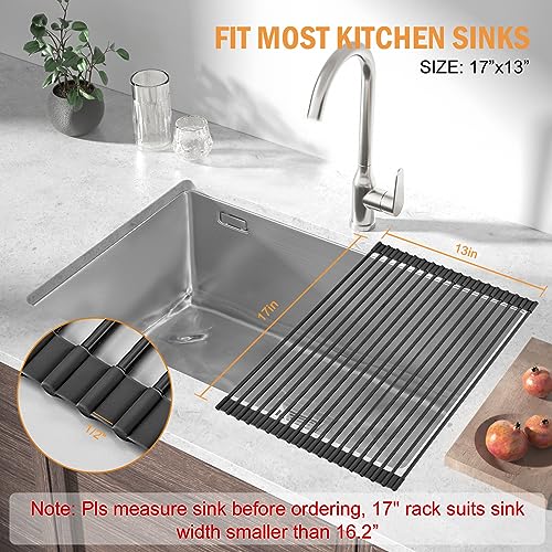 LEMIKKLE Roll Up Dish Drying Rack 17" x 13", Over The Sink Dish Drainer Rack, Foldable Sink Drying Rack, Anti-Slip Silicone Wrapped Dish Drainer for Kitchen Counter (Black 17" x 13")