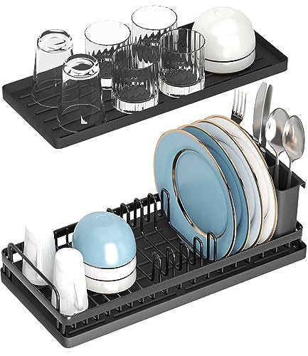 CHLORYARD Small Dish Drying Rack, Compact Sink Dish Rack with 2pcs Silicone Drying Mats, Dish Drainer Kitchen Sink Organizer Sponges Holder for Kitchen Counter, Bar, Bottle, Cup