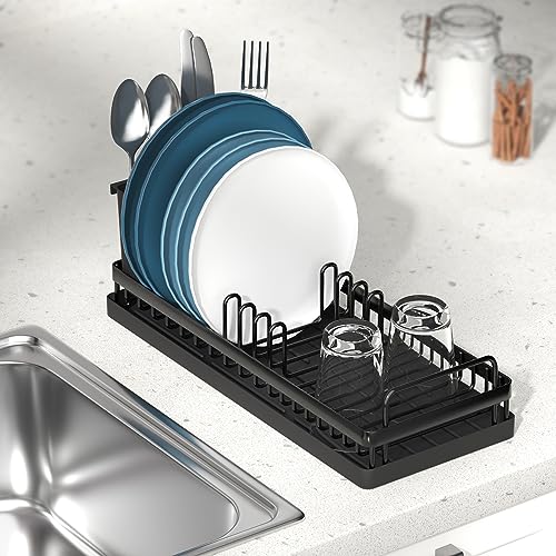 CHLORYARD Small Dish Drying Rack, Compact Sink Dish Rack with 2pcs Silicone Drying Mats, Dish Drainer Kitchen Sink Organizer Sponges Holder for Kitchen Counter, Bar, Bottle, Cup