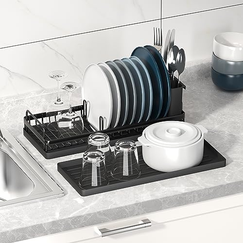 CHLORYARD Small Dish Drying Rack, Compact Sink Dish Rack with 2pcs Silicone Drying Mats, Dish Drainer Kitchen Sink Organizer Sponges Holder for Kitchen Counter, Bar, Bottle, Cup