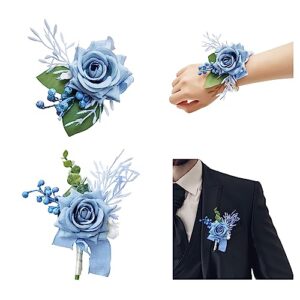 ajoyegg wrist corsage and boutonniere set: corsage wristlet band bracelet flower and men boutonniere rose flower set for wedding prom suit decoration(dusty blue)